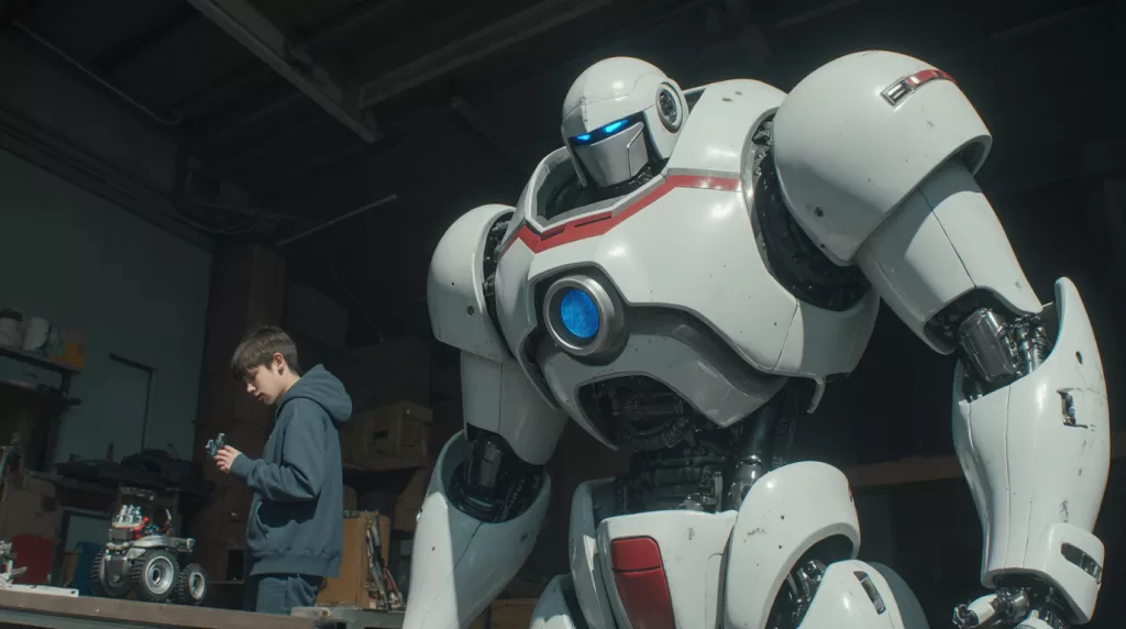Al Prompt - Long shot of a 7 feet Robot, his face has an angular chin of metal, his eyes are two horizontal accented diamond shapes glowing blue, his arms are metal with his elbows joined to his arms via a joint. His body is white colour with red line going accross his torso. The Robot is in a garage with a fifteen year old boy working on it. The boy is wearing a hoddie. There is a small bot that rolls on wheels in the back bringing a spanner. The style is anime. 4k realistic. From Krea