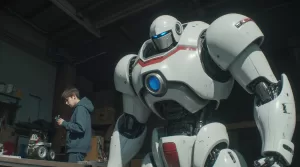 Al Prompt - Long shot of a 7 feet Robot, his face has an angular chin of metal, his eyes are two horizontal accented diamond shapes glowing blue, his arms are metal with his elbows joined to his arms via a joint. His body is white colour with red line going accross his torso. The Robot is in a garage with a fifteen year old boy working on it. The boy is wearing a hoddie. There is a small bot that rolls on wheels in the back bringing a spanner. The style is anime. 4k realistic. From Krea